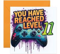 Playful 11th Birthday Card for Gamer, 'You Have Reached Level 11' Graffiti Joystick Game Controller Design for Boy or Girl, for Gamers, Brother Sister Niece Nephew Grandson, Blank Inside