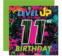 Playful 11th Birthday Card - Level Up the Fun - Vibrant Graffiti Gaming Design with Neon Colours - Epic Style for Young Gamers - 145mm Square, Envelope Included