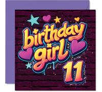 Playful 11th Birthday Card - Sparkling Celebration Vibes - Colourful Stars and Hearts Design with Bold 'Birthday Girl 11' Text - 145mm Square, Envelope Included