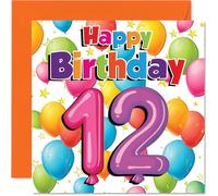 Playful 12th Birthday Card - Bursting with Birthday Cheer - Colourful Balloons and Stars Design - Guaranteed to Brighten Their Big Day - 145mm Square, Envelope Included