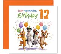 Playful 12th Birthday Card - Bursting with Birthday Fun - Playful Dogs Partying with Balloons and Confetti - A Colourful Way to Mark Turning 12-145mm Square, Envelope Included