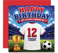 Playful 12th Birthday Card - Champion Football Birthday Vibes - Trophy, Jersey and Confetti Design for the Young No.1-145mm Square, Envelope Included