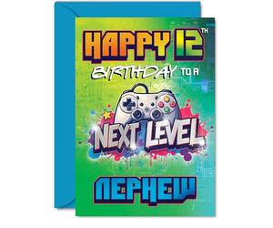 Playful 12th Birthday Card for Nephew - Level Up Their Big Day - Bold Gaming Controller Design with Vibrant Colours - Perfect for Any Young Gaming Fan - A5, Envelope Included