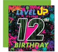 Playful 12th Birthday Card - Game on for Turning Twelve - Neon Gaming Celebration with Bold 'LEVEL UP' Design - Bursting with Birthday Energy - 145mm Square, Envelope Included