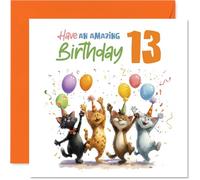 Playful 13th Birthday Card - Bursting with Birthday Cheer - Four Cats Partying with Colourful Balloons - Purrfect Way to Mark Turning 13-145mm Square, Envelope Included