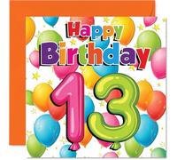 Playful 13th Birthday Card - Bursting with Birthday Cheer - Vibrant Balloons and Stars Design - Lively Way to Mark the Big 1-3 Milestone - 145mm Square, Envelope Included