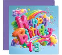 Playful 13th Birthday Card, Bursting with Birthday Fun | Rainbow Balloon Lettering and Confetti, A Vibrant Way to Celebrate Turning 13, 145mm Square, Envelope Included