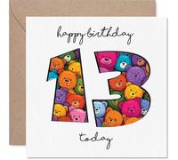Playful 13th Birthday Card - Bursting with Colour and Cheer - Vibrant Multicolour Bears Form a Playful '13' - 145mm Square, Envelope Included