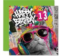 Playful 13th Birthday Card, Epic Vibes for Turning Thirteen | Cool Cat in Neon Street Art with Headphones and Graffiti, 145mm Square, Envelope Included
