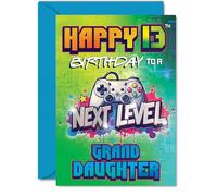 Playful 13th Birthday Card for Granddaughter - Level Up the Big Day - Vibrant Gaming Controller Design with Bold Pops of Green, Blue and Pink - A5, Envelope Included