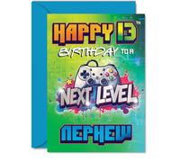 Playful 13th Birthday Card for Nephew - Level Up the Big 1-3 - Gaming Controller Design with Bold Colours - Perfect for Video Game Fans - 5x7 Inch, Envelope Included