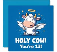 Playful 13th Birthday Card - Holy Cow! You're 13 - Cartoon Cow with Wings and Halo in Bright Colours - Whimsical Birthday Fun for Teens - 145mm Square, Envelope Included