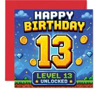 Playful 13th Birthday Card, Level 13 Unlocked | Pixel Art Gaming Design with Gold Coins and Gems, Epic Birthday Vibes for the Gamer Teen, 145mm Square, Envelope Included