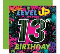 Playful 13th Birthday Card - Level Up the Fun - Neon Graffiti Gaming Design with Bold Digital Vibes - Epic Style for Their Big Day - 145mm Square, Envelope Included