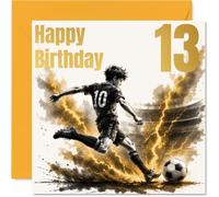 Playful 13th Birthday Card, Level Up Your Big Day | Bold Footballer Kicking off with Gold Lightning, Stadium Action for Sporty Teens, 145mm Square, Envelope Included