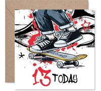Playful 13th Birthday Card - Skater Vibes for Their Big Day - Dynamic Skateboarder Design in Bold Red and Yellow - Bursting with Youthful Energy - 145mm Square, Envelope Included