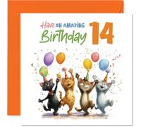Playful 14th Birthday Card - Bursting with Birthday Cheer - Four Colourful Cats Partying with Balloons and Confetti - 145mm Square, Envelope Included