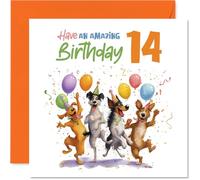 Playful 14th Birthday Card - Bursting with Birthday Cheer - Four Joyful Dogs with Balloons and Confetti - A Lively Way to Mark Turning 14-145mm Square, Envelope Included