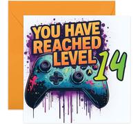 Playful 14th Birthday Card for Gamer, 'You Have Reached Level 14' Graffiti Joystick Game Controller Design for Boy or Girl, for Gamers, Brother Sister Niece Nephew Grandson, Blank Inside