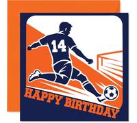 Playful 14th Birthday Card, Game on for a Brilliant Day | Bold Footballer Design with Number 14 Jersey, 145mm Square, Envelope Included