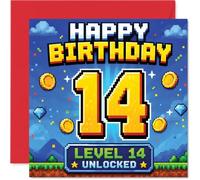 Playful 14th Birthday Card, Level 14 Unlocked | Pixel-art Gamer Card with Golden Coins and Gems, Celebrate a Birthday Milestone in Retro Style, 145mm Square