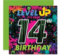 Playful 14th Birthday Card - Level Up Their Big Day - Neon Gaming Design Bursts with Energy - Perfect for Game Lovers Hitting 14-145mm Square, Envelope Included