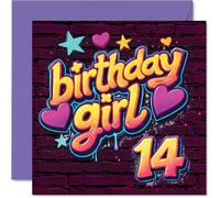 Playful 14th Birthday Card - Vibrant Graffiti Vibes - Stars, Hearts and Bold Colours Light Up the Party - A Lively Splash for Their Big Day - 145mm Square, Envelope Included