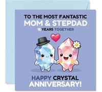 Playful 15th Anniversary Card for Stepdad & Mum - Crystal Duo Brings Sparkle to 15 Years - Cute Blue and Pink Character Design - 145mm Square, Envelope Included