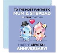 Playful 15th Anniversary Card for Stepdad & Mum - Crystals Bring the Sparkle - Two Cheerful Crystal Characters and a Burst of Colour - 145mm Square, Envelope Included