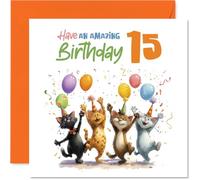 Playful 15th Birthday Card - Bursting with Birthday Cheer - Four Party-loving Cats with Colourful Balloons - 145mm Square, Envelope Included