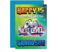 Playful 15th Birthday Card for Grandson - Level Up the Birthday Fun - Vibrant Gaming Controller Design with Bold Colours - 5x7 Inch, Envelope Included