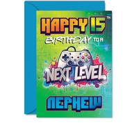 Playful 15th Birthday Card for Nephew - Level Up the Birthday Fun - Bold Gaming Controller Design in Vibrant Colours - 5x7 Inch, Envelope Included