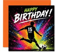 Playful 15th Birthday Card - Kick off Their Big Day in Style - Dynamic Footballer Silhouette with Neon Paint Splashes - Bursting with Teen Energy - 145mm Square, Envelope Included