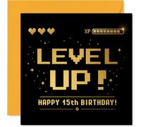 Playful 15th Birthday Card, Level Up on Your Big Day | Retro Pixel Gaming Design with XP Bar and Gold Highlights, 145mm Square, Envelope Included