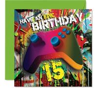 Playful 15th Birthday Card - Level Up Their Big Day - Bold Gaming Controller on Vibrant Graffiti Backdrop - Perfect for Any Game Lover's 15th - 145mm Square, Envelope Included