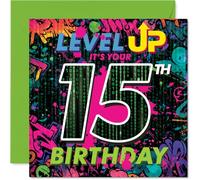 Playful 15th Birthday Card - Level Up Their Big Day - Vibrant Neon Gaming Graffiti Design - Perfect for Teens Who Love a Bold Statement - 145mm Square, Envelope Included