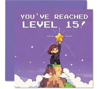 Playful 15th Birthday Card - Level Up Your Birthday - Retro Pixel Art Gamer Design with Star and Mountain Scene - 145mm Square, Envelope Included