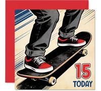 Playful 15th Birthday Card - Skate into Fifteen - Vibrant Skateboarder Design in Red, Black and Blue - 145mm Square, Envelope Included