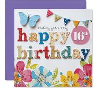 Playful 16th Birthday Card - Bright Birthday Joy - Colourful Floral, Butterfly, and Bunting Design - Bursting with Celebratory Energy - 145mm Square, Envelope Included