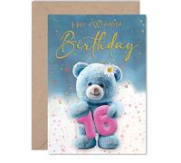 Playful 16th Birthday Card - Bursting with Birthday Cheer - Blue Teddy Bear Hugs a Big Pink 16 - Festive and Fun for a Special Milestone - 5x7 Inch, Envelope Included