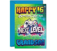 Playful 16th Birthday Card for Grandson, Level Up the Birthday Fun