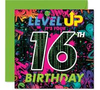 Playful 16th Birthday Card - Game on for Your Big Day - Bold Gaming Controller Design with Neon Accents - 145mm Square, Envelope Included