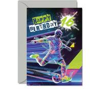 Playful 16th Birthday Card, Kick off Their Big Year | Bold Neon Footballer in Action with Splattered 16, Energetic, Sporty Vibe Made for Teens, 5X7 Inch, Envelope Included