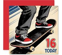 Playful 16th Birthday Card - Skateboard Tricks and Big Birthday Energy - Dynamic Skater Illustration with Bold '16 TODAY' - 145mm Square, Envelope Included