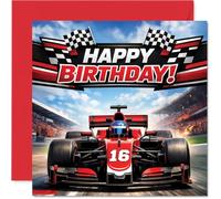 Playful 16th Birthday Card - Start Your Engines - Bold Racing Car Design in Vibrant Red and Blue - Makes Any 16th Birthday a Real Winner - 145mm Square, Envelope Included