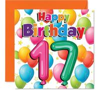 Playful 17th Birthday Card - Bursting with Birthday Cheer - Colourful Balloons and Stars Design - Brings a Smile to Any Celebration - 145mm Square, Envelope Included