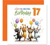 Playful 17th Birthday Card - Bursting with Birthday Fun - Four Cheeky Party Cats with Balloons and Confetti - 145mm Square, Envelope Included