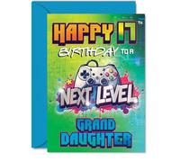 Playful 17th Birthday Card for Granddaughter - Level Up the Birthday Fun - Gaming Controller Design in Bold Greens and Blues - 5x7 Inch, Envelope Included