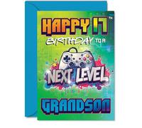 Playful 17th Birthday Card for Grandson - Level Up the Birthday Fun - Vibrant Gaming Controller Design with Bold Colours - 5x7 Inch, Envelope Included