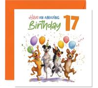 Playful 17th Birthday Card - Let the Good Times Roll - Four Dogs Partying with Balloons and Confetti - Perfect for a Cheerful 17th Birthday Bash - 145mm Square, Envelope Included
